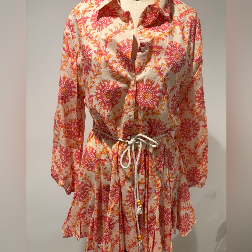 NWT Zara Pink/Orange Floral Long Sleeve vacation Dress